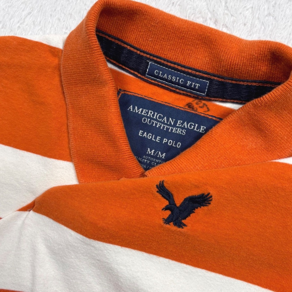 Y2K American Eagle Polo Mens M Orange White Colorblock Stripe Eagle Logo Heavy